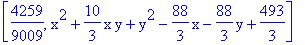 [4259/9009, x^2+10/3*x*y+y^2-88/3*x-88/3*y+493/3]